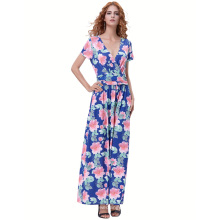 Катя Касин женщин элегантный лето Цветочный узор с коротким рукавом V-образным вырезом Макси платье KK000686-1